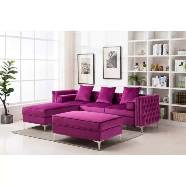 Luxurious Marciano Wide Velvet Reversible Modular Sofa & Chaise with 2 Ottomans