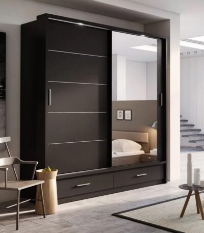 Sleek MDF Wood Wardrobe - 2 Doors Black - 200x200x50 cm