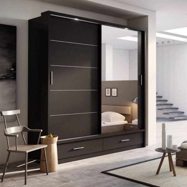 Sleek MDF Wood Wardrobe - 2 Doors Black - 200x200x50 cm